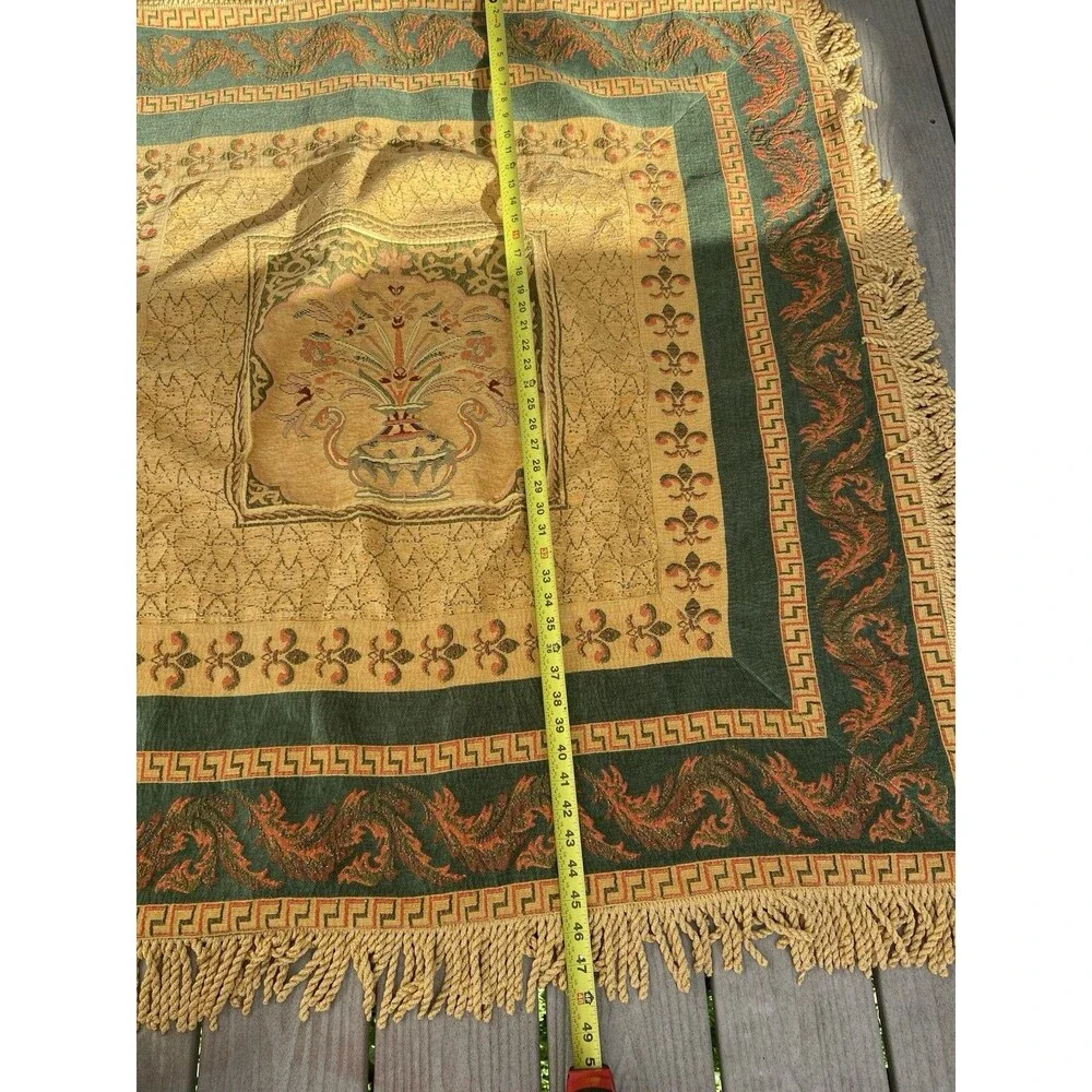 Vtg Hand Woven Lebanese Mat Tapestry Tablecloth Square Jacquard Woven Fringe